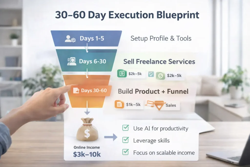 30 to 60 day execution blueprint showing step by step plan to make money online in 2026