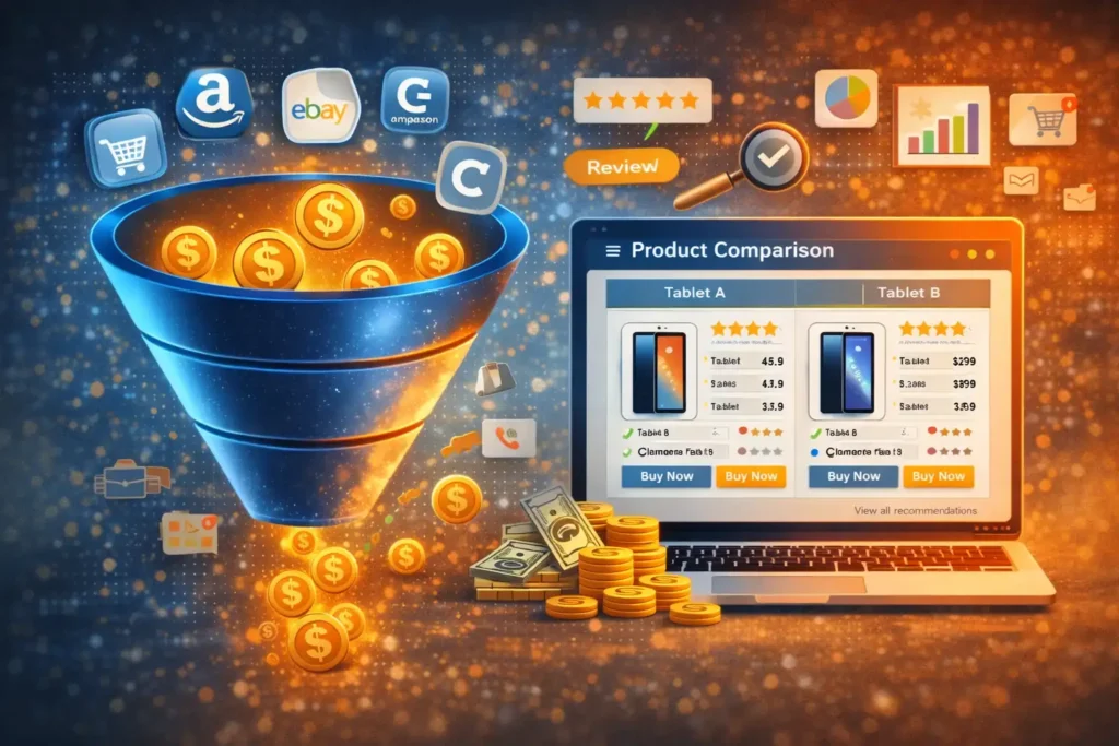 Affiliate marketing funnel with product comparison content showing reviews, ratings, and conversion-focused buying decisions