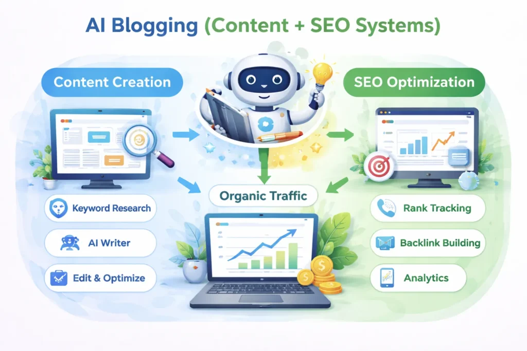 AI blogging system with content creation and SEO optimization workflow for increasing organic traffic