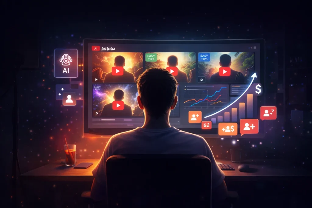 Faceless YouTube automation setup using AI tools showing a creator working from behind with video thumbnails, analytics growth, and monetization strategy in 2026