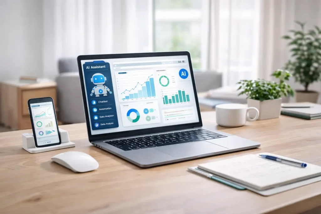 AI powered online workspace with laptop and modern home office setup for making money online in 2026