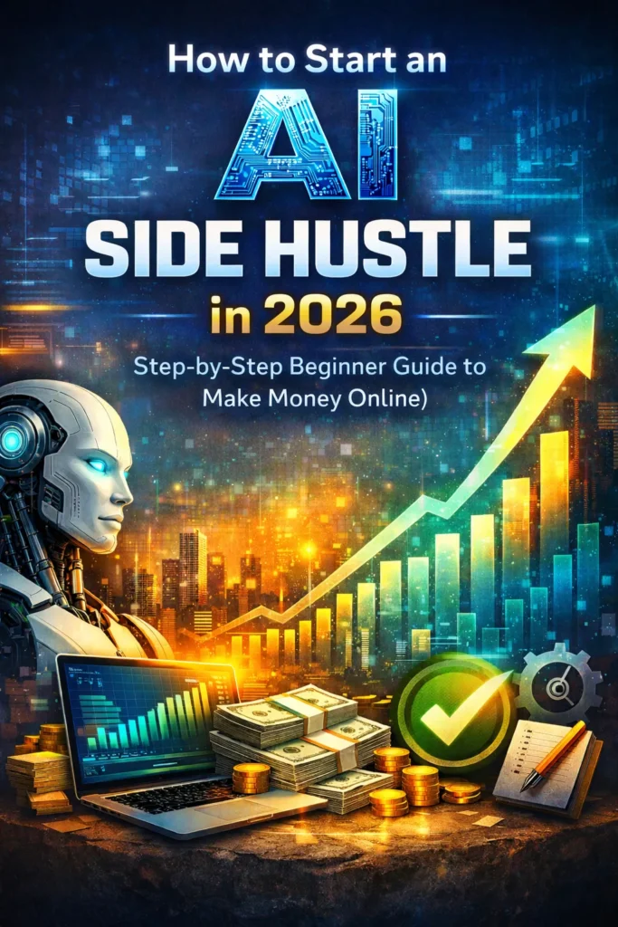 How to start an AI side hustle in 2026 step by step guide with laptop, growth chart, and AI concept