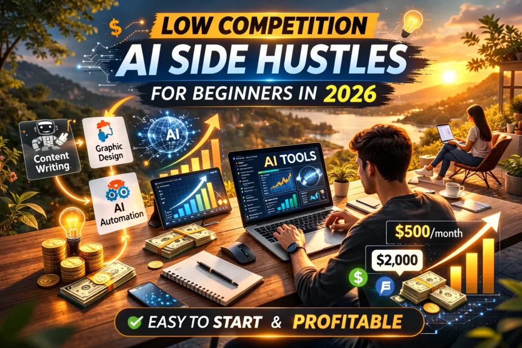 AI side hustle 2026 modern workspace showing laptop, analytics, and digital income setup
low competition AI side hustles 2026