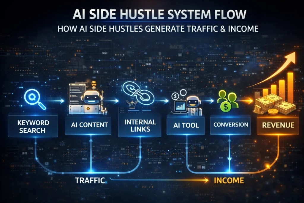 AI side hustle system flow showing traffic, content, conversion, and monetization process 

