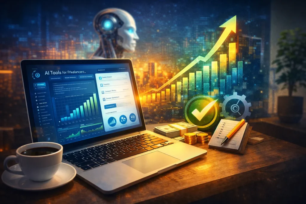 AI side hustle workspace setup with laptop, analytics dashboard, and growth chart in 2026