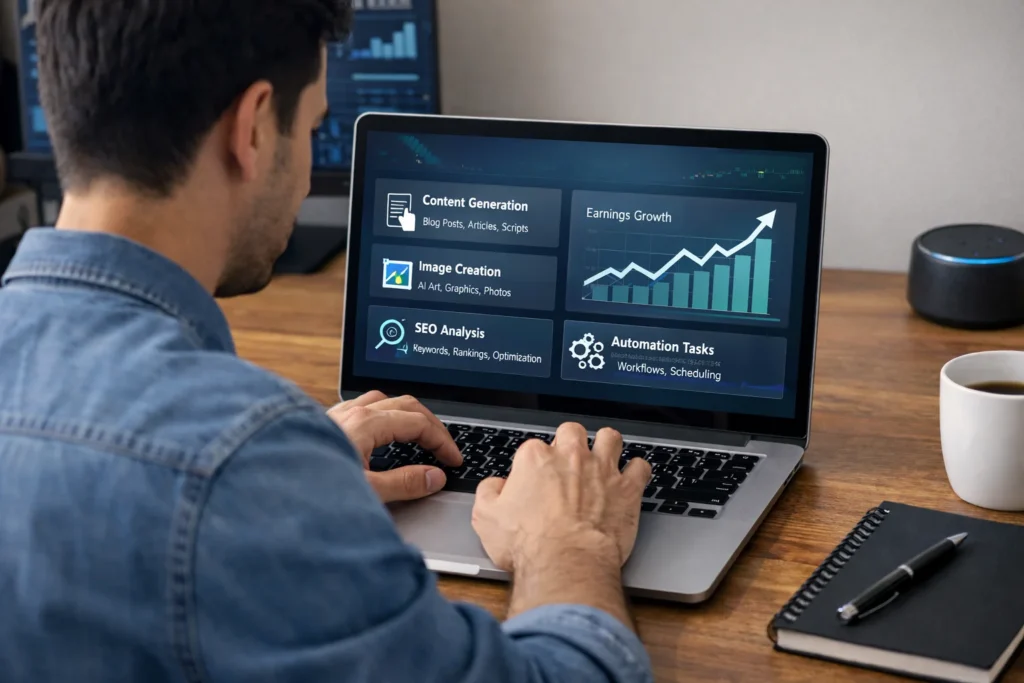 Man working on laptop using AI tools for online side hustle