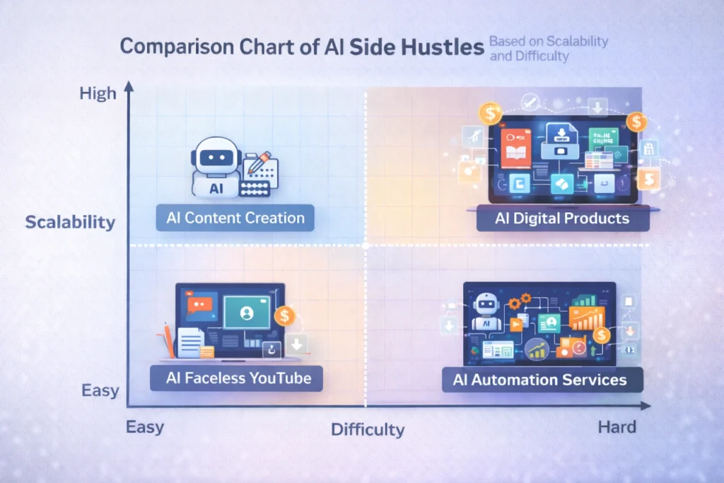comparison of AI side hustles based on scalability and difficulty