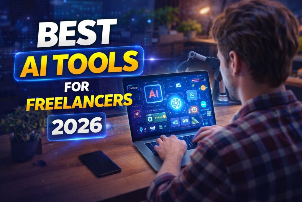 best AI tools for freelancers in 2026 displayed on a laptop for productivity automation and income growth