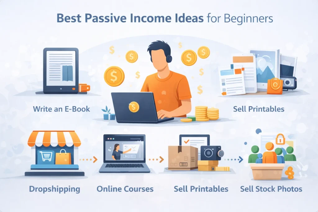 Top passive income ideas for beginners including eBooks, dropshipping, online courses, and digital products