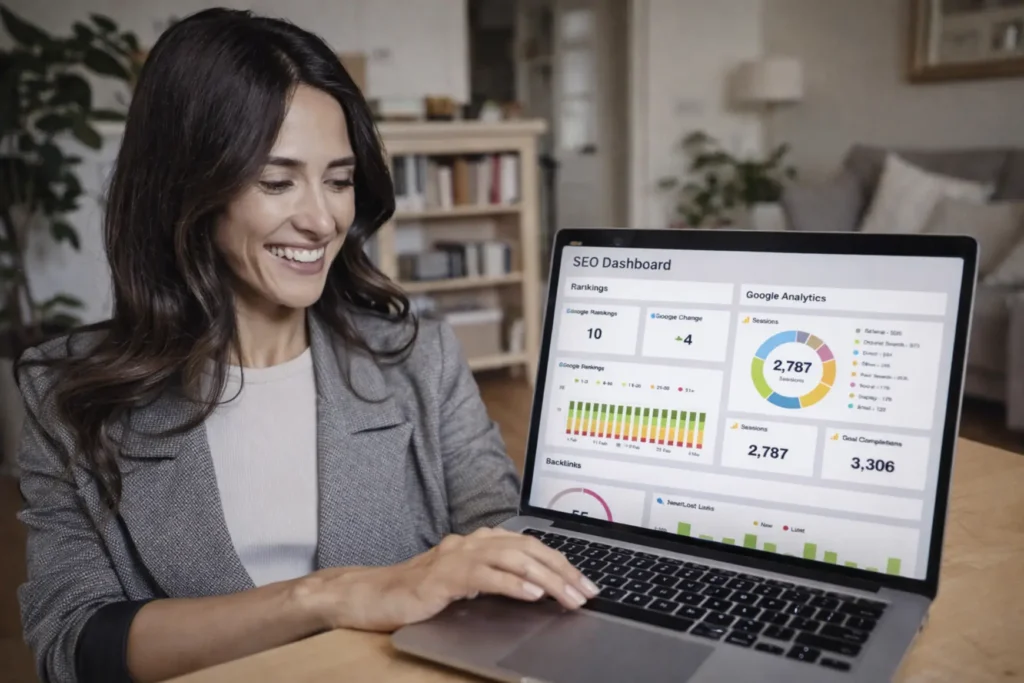 Blogger analyzing SEO dashboard with website traffic growth, rankings, and analytics performance