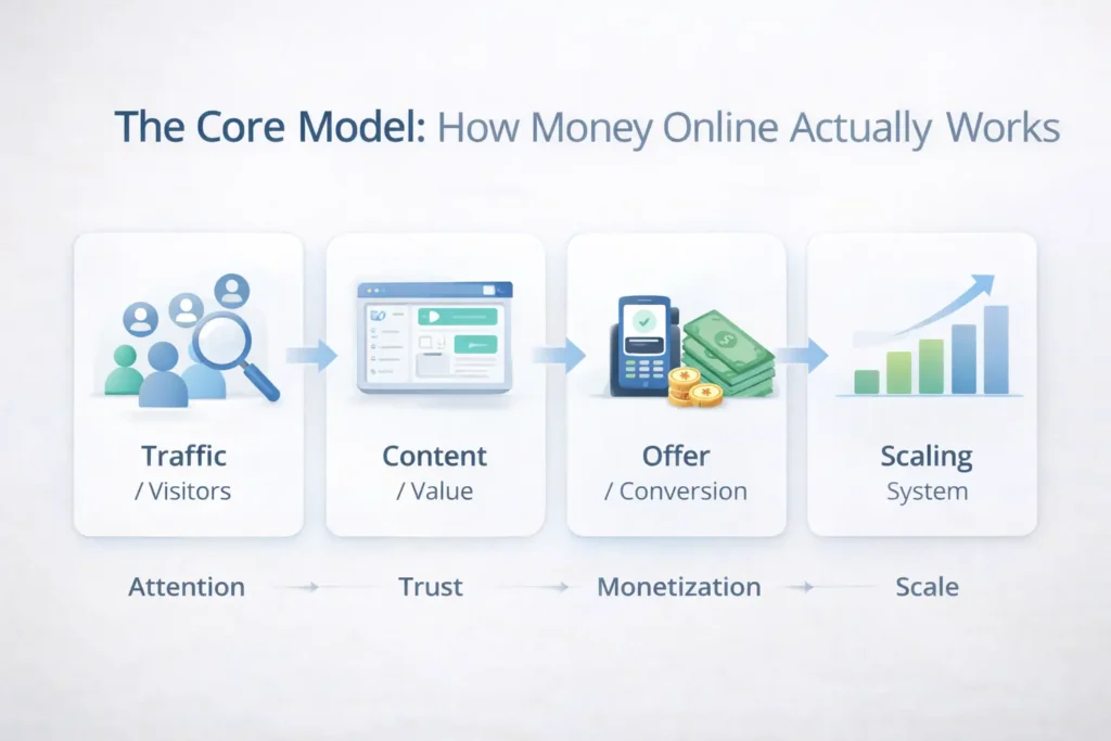 core model diagram showing how to make money online in 2026 using attention trust monetization and scaling system