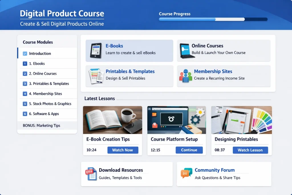 Digital product course dashboard showing eBooks, online courses, printables, and membership site modules