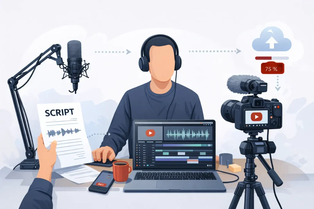 Faceless YouTube workflow showing video production process with script writing, recording, editing, and uploading