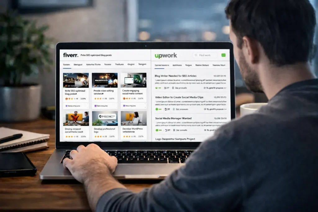 freelancer using Fiverr and Upwork dashboards on laptop to find online work and clients in 2026