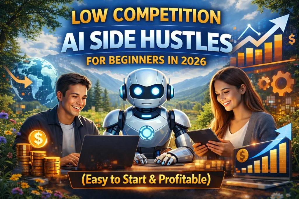 Low competition AI side hustles for beginners in 2026 shown through a realistic laptop workspace with nature-inspired environment