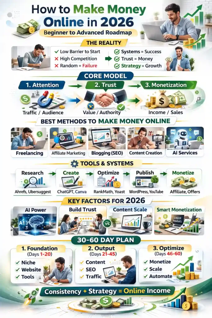 how to make money online in 2026 roadmap infographic with freelancing, AI, blogging and monetization system