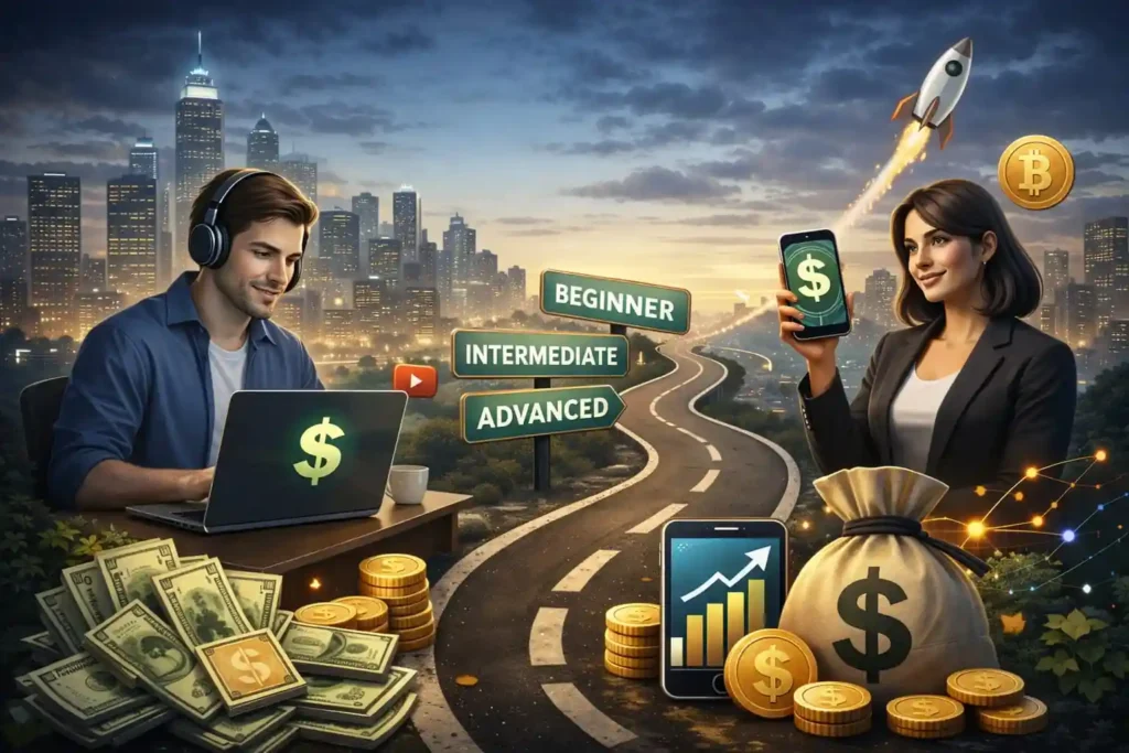 how to make money online in 2026 roadmap from beginner to advanced using freelancing AI and scalable income systems