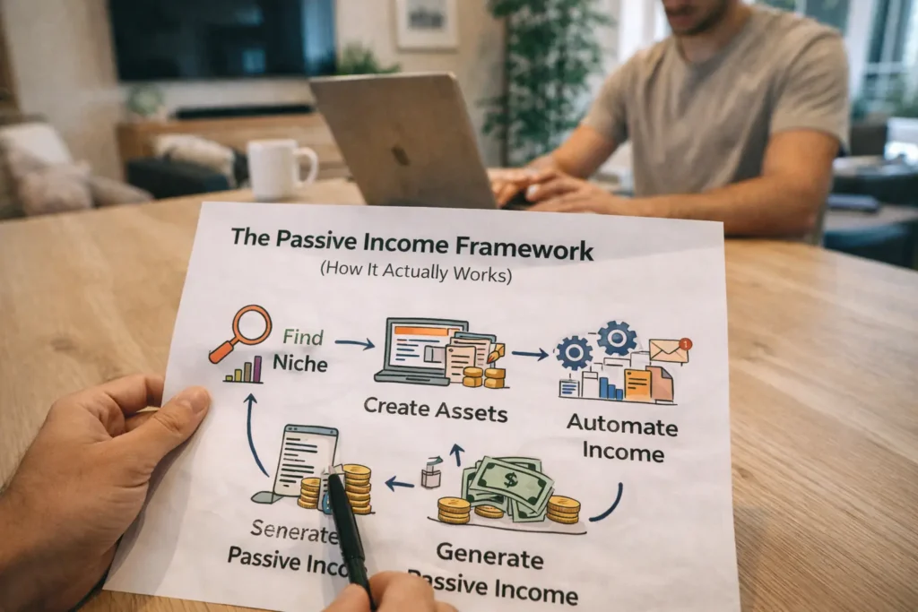 Passive income framework showing step by step process of building digital income through niche, assets, automation, and earnings