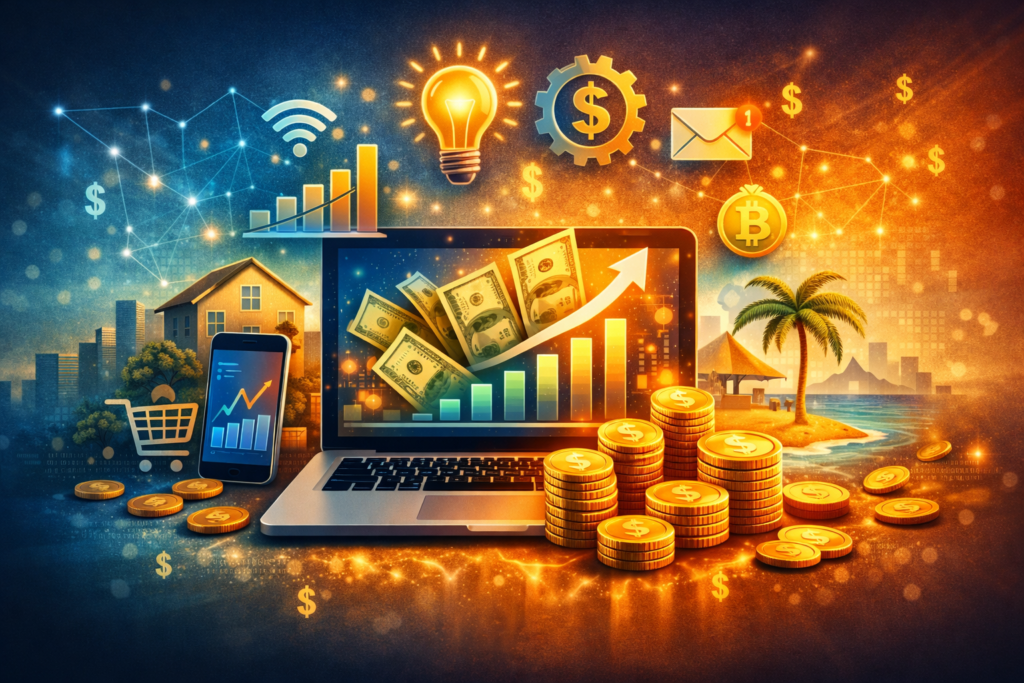 Passive income system showing digital income streams, online earnings automation, and financial growth with laptop and money