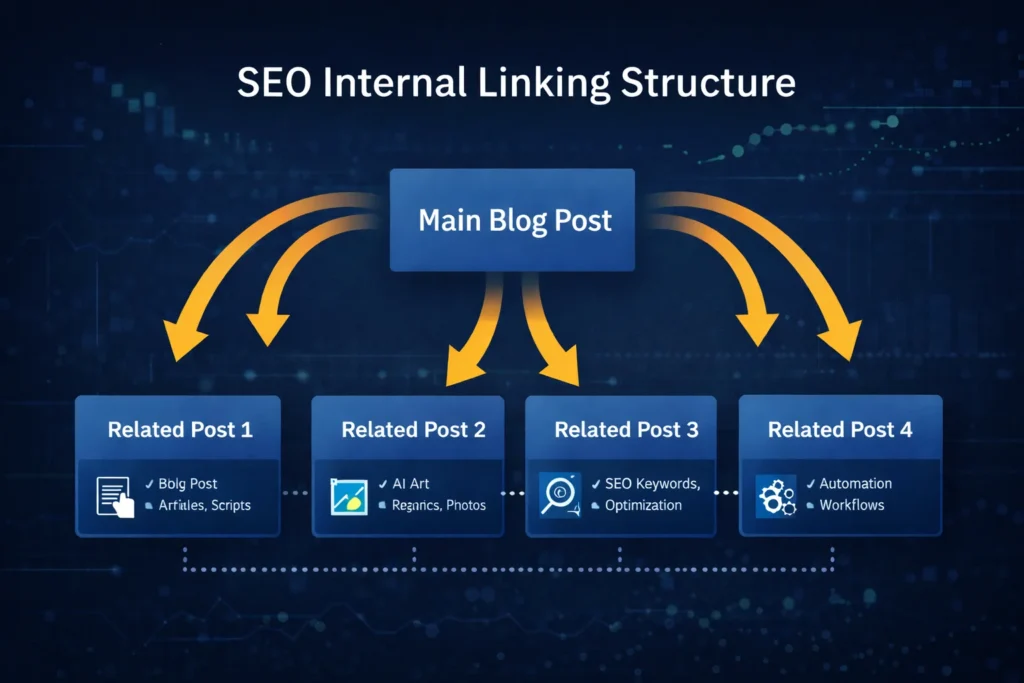 SEO internal linking structure diagram showing main post connected to related articles