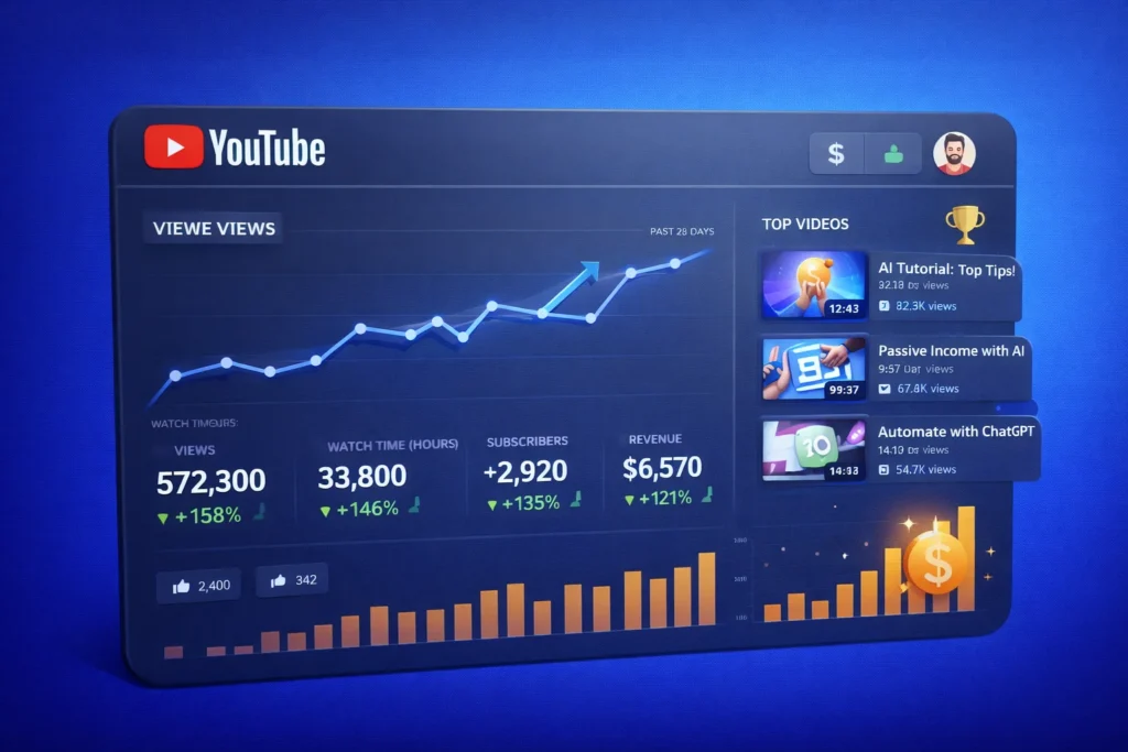 YouTube analytics dashboard showing video views growth and performance metrics for content creators in 2026