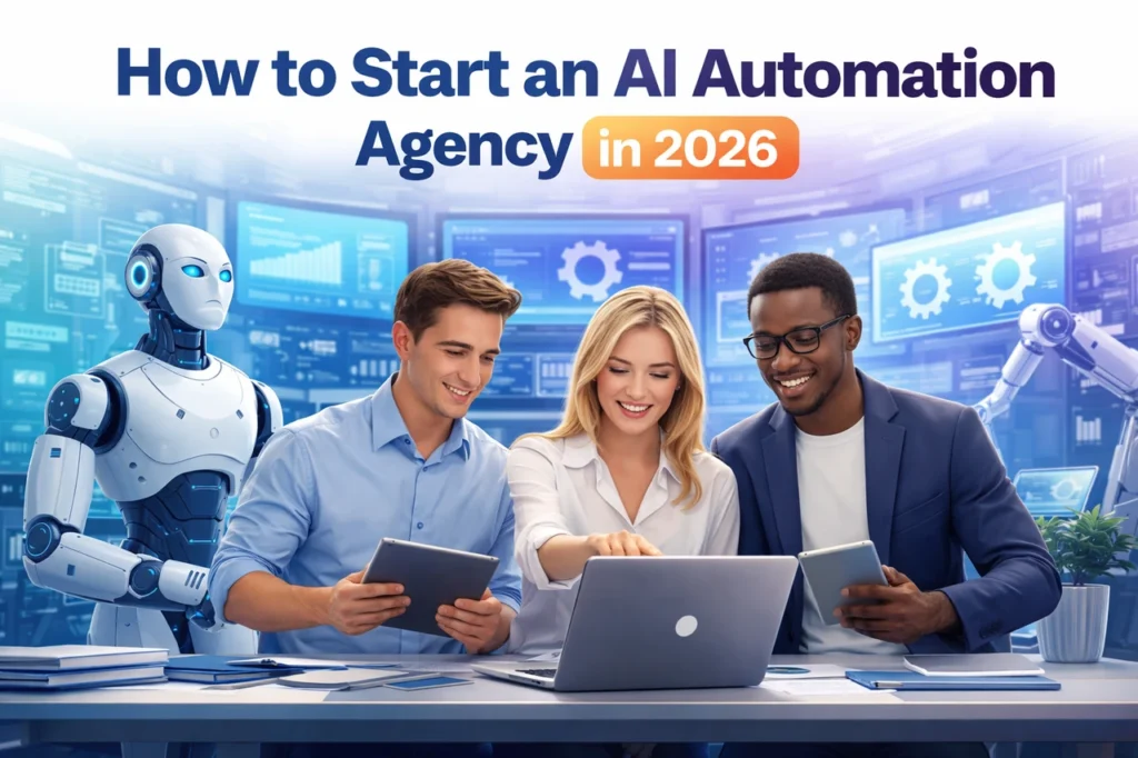 entrepreneurs building an AI automation agency using AI tools and automation workflows