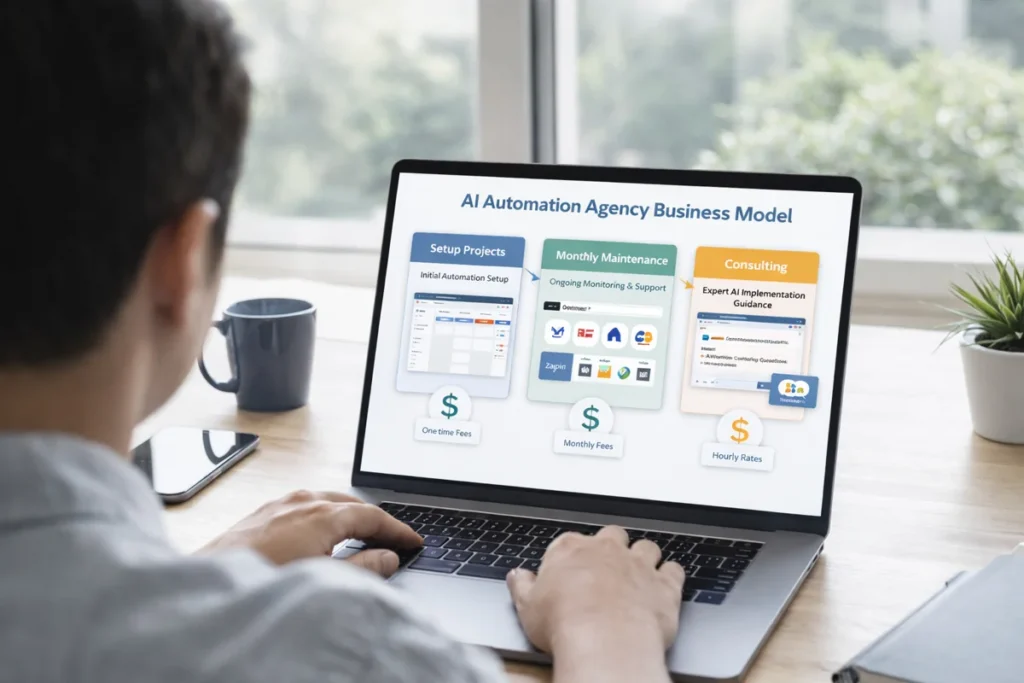 AI automation agency business model showing setup, maintenance, and consulting revenue streams