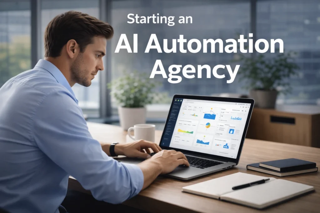 entrepreneur working on AI automation agency dashboard with title AI Automation Agency