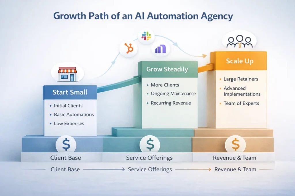 growth path of an AI automation agency from startup to scaling revenue and team
