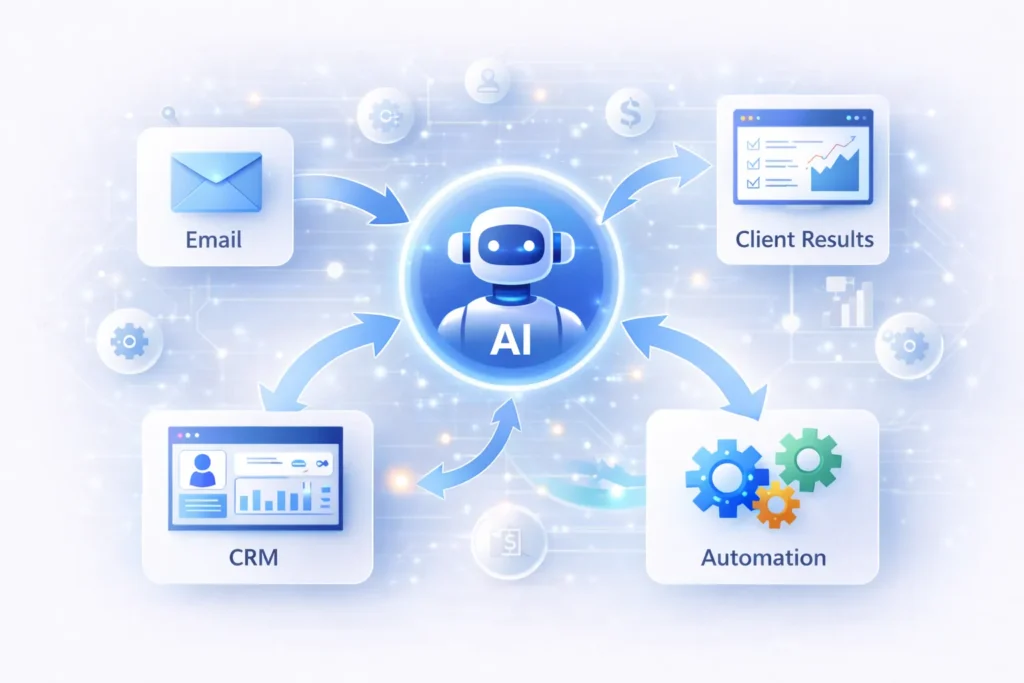 AI automation workflow connecting email CRM automation tools and client results