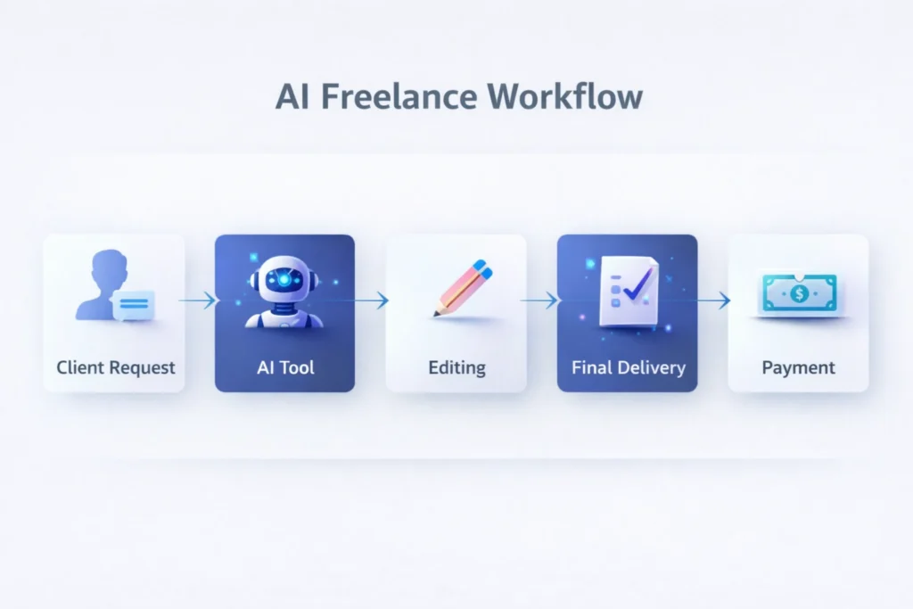 AI freelance workflow showing client request AI tools editing final delivery and payment process