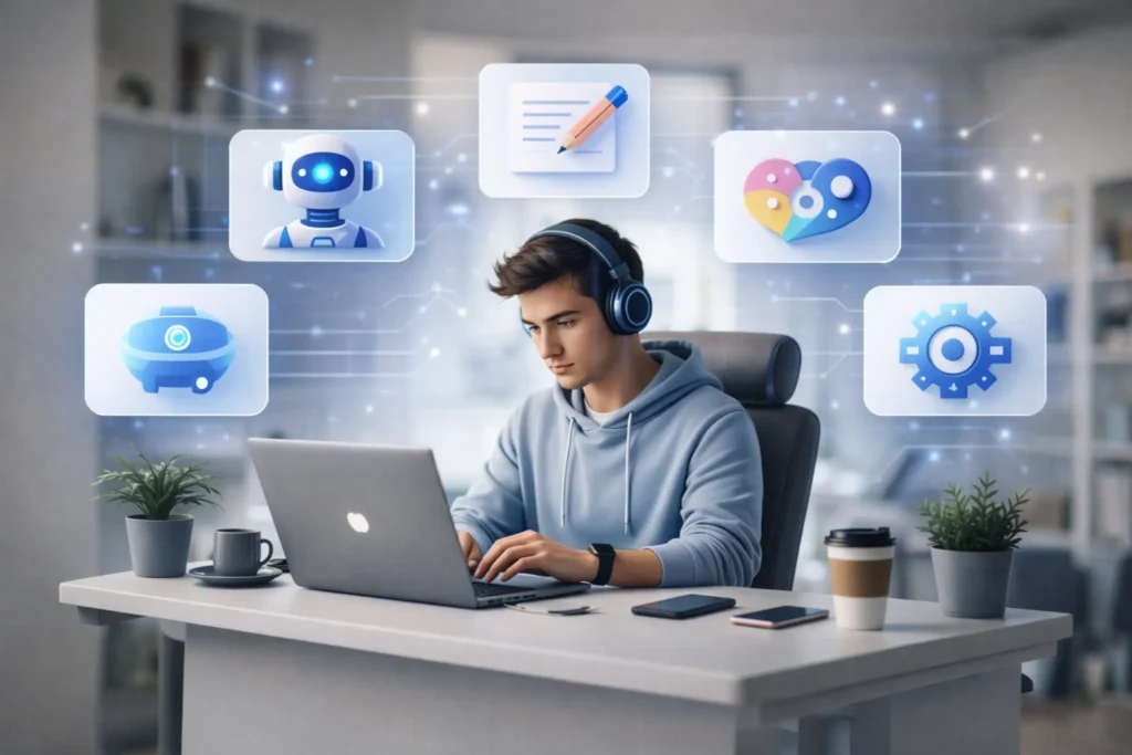 freelancer using AI tools on laptop in modern workspace offering AI freelance services