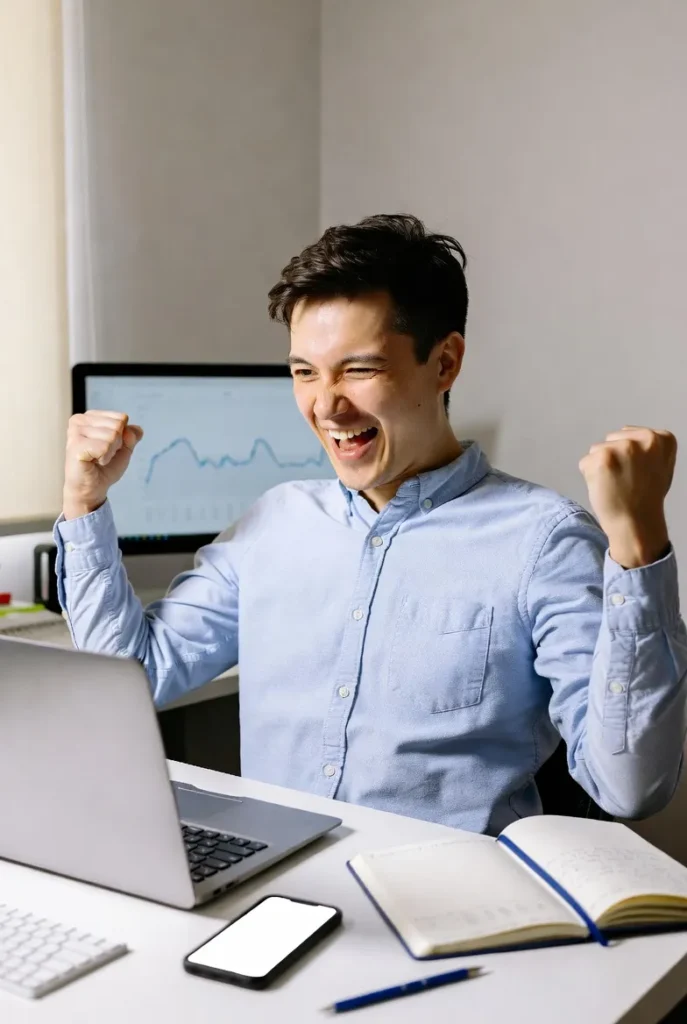 Beginner freelancer celebrating first $20 AI-powered payment on Upwork in 2026