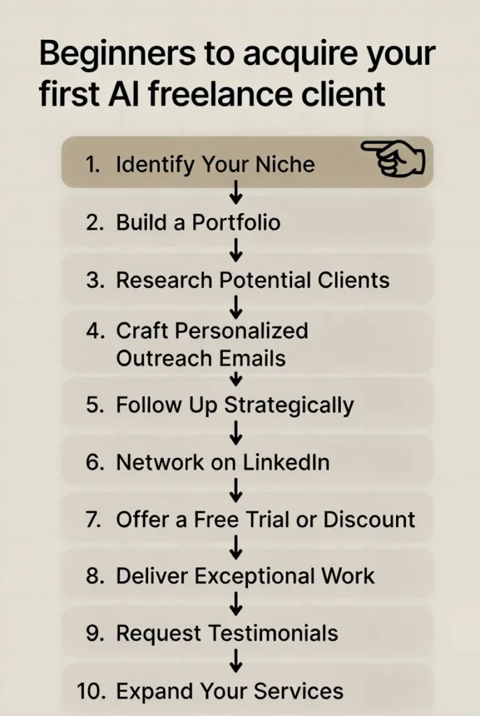 Step-by-step workflow diagram showing how beginners get their first AI freelance client in 2026 using direct outreach
