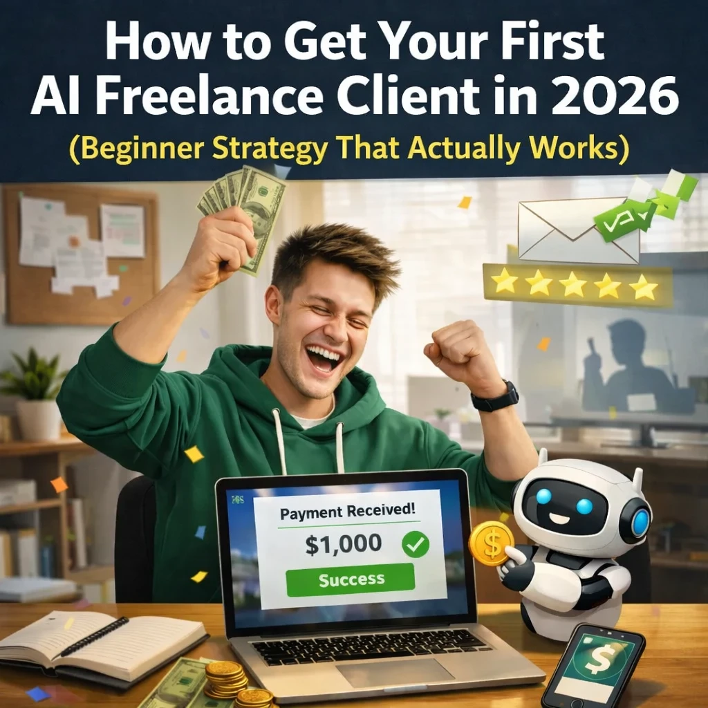 Beginner freelancer receiving first AI freelance client payment in 2026 showing $1000 success on laptop