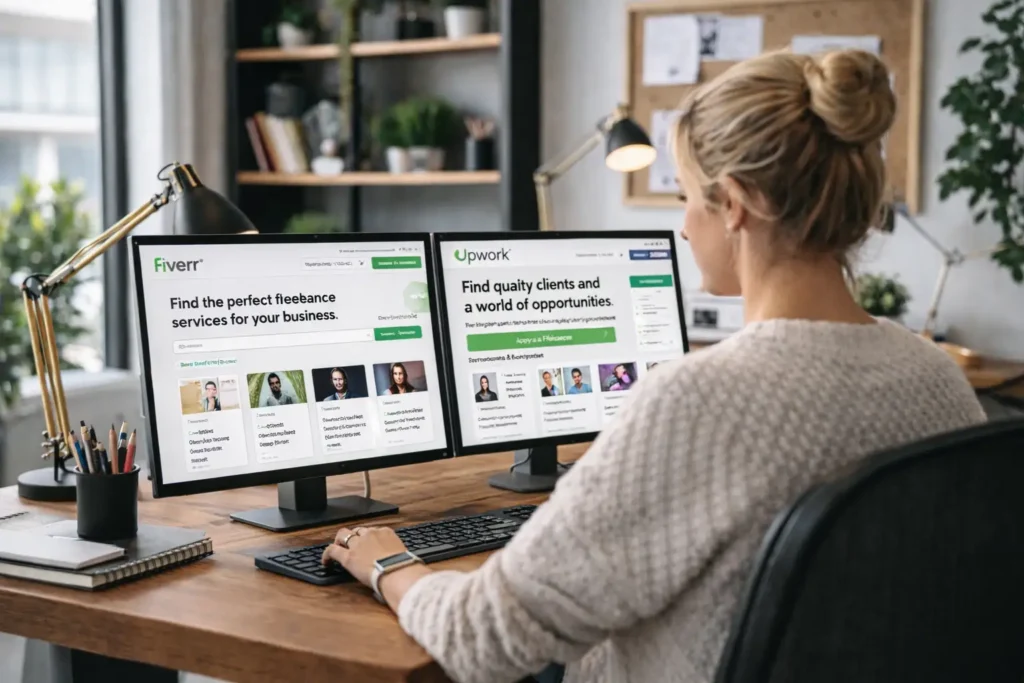 Freelancer working on laptop in modern home office workspace