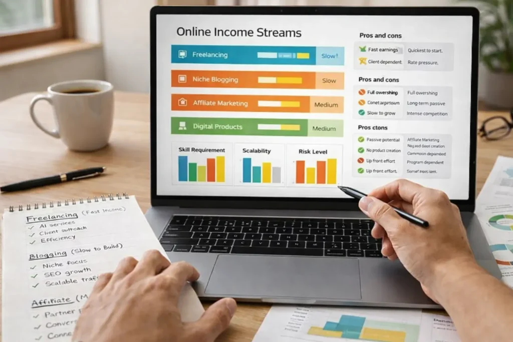 comparison of online income models including freelancing blogging affiliate marketing and digital products