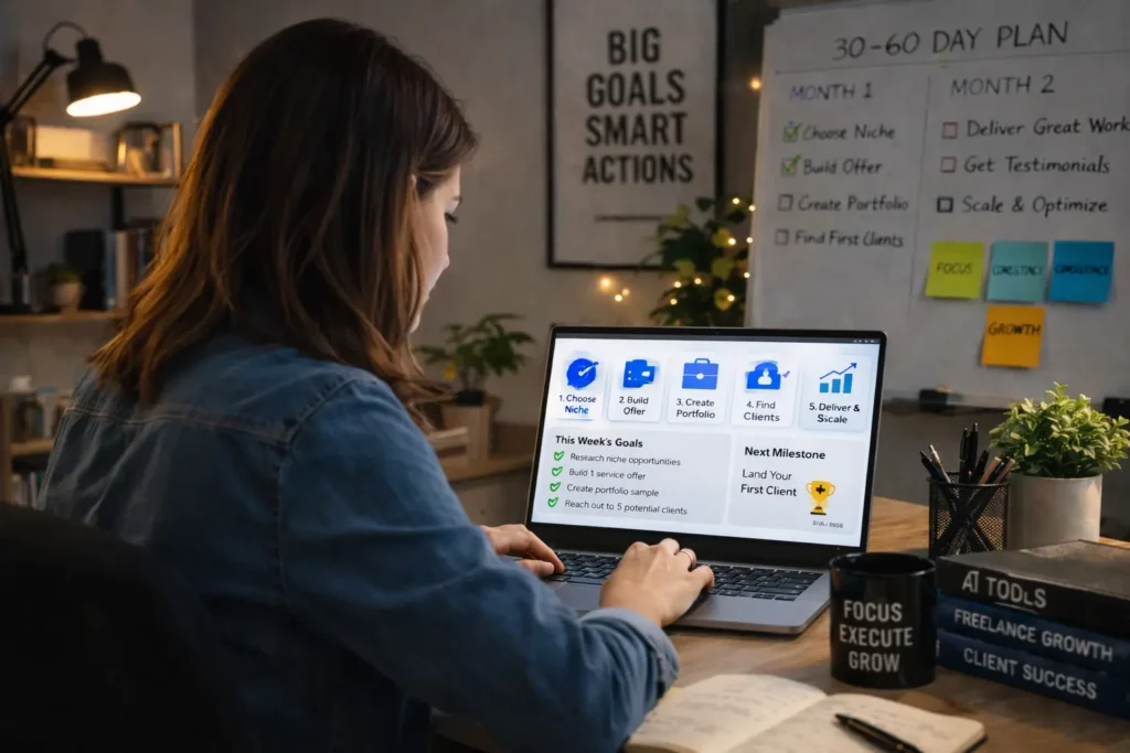 AI freelancing execution workflow building offer and finding first clients 2026