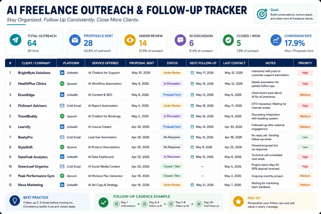 AI freelance outreach and follow-up tracking spreadsheet showing proposal status, client notes, and follow-up schedule