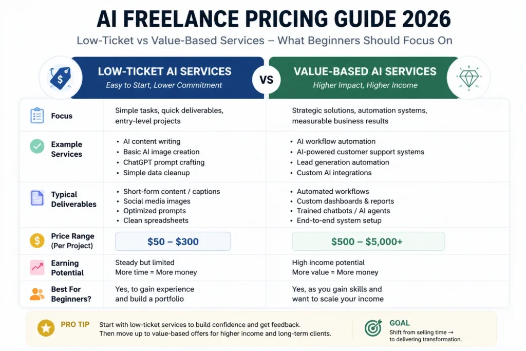 AI freelance pricing comparison infographic showing low-ticket vs value-based AI services for beginners in 2026
