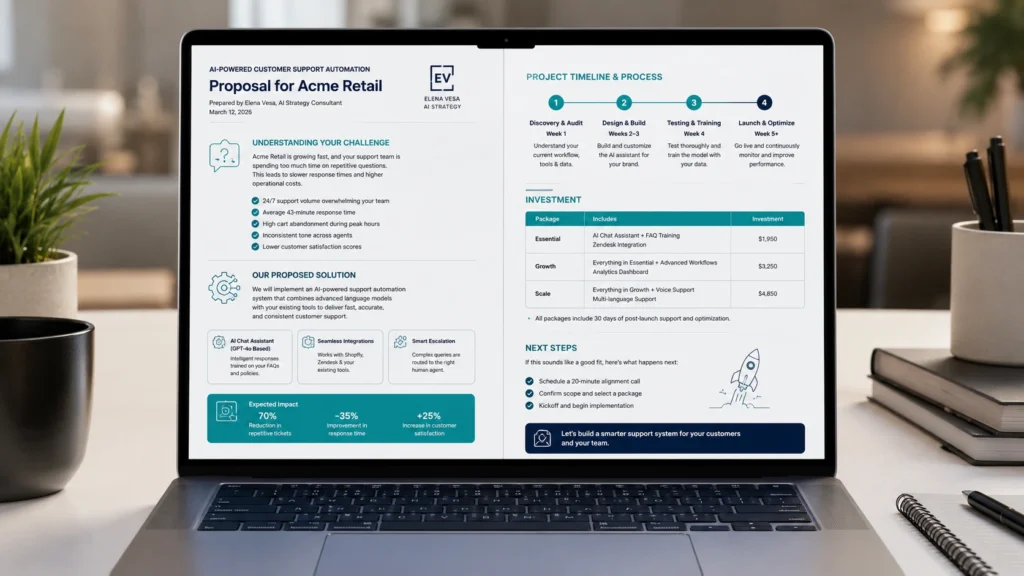 Winning AI freelance proposal template mockup 2026 showing pain points, solution, timeline, and pricing sections