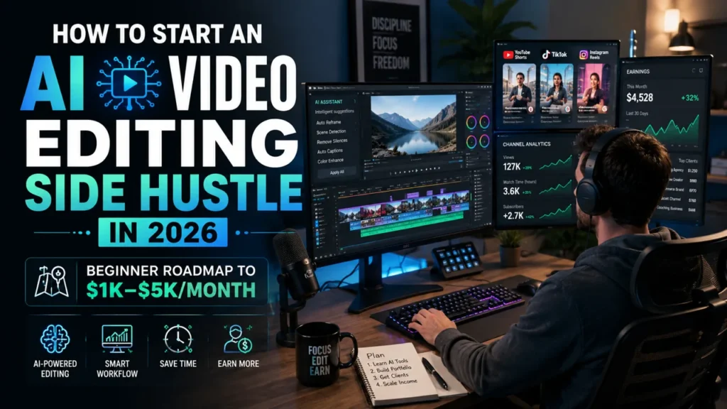 "Freelance AI video editor working on professional video editing software in a modern home office for an AI video editing side hustle in 2026."