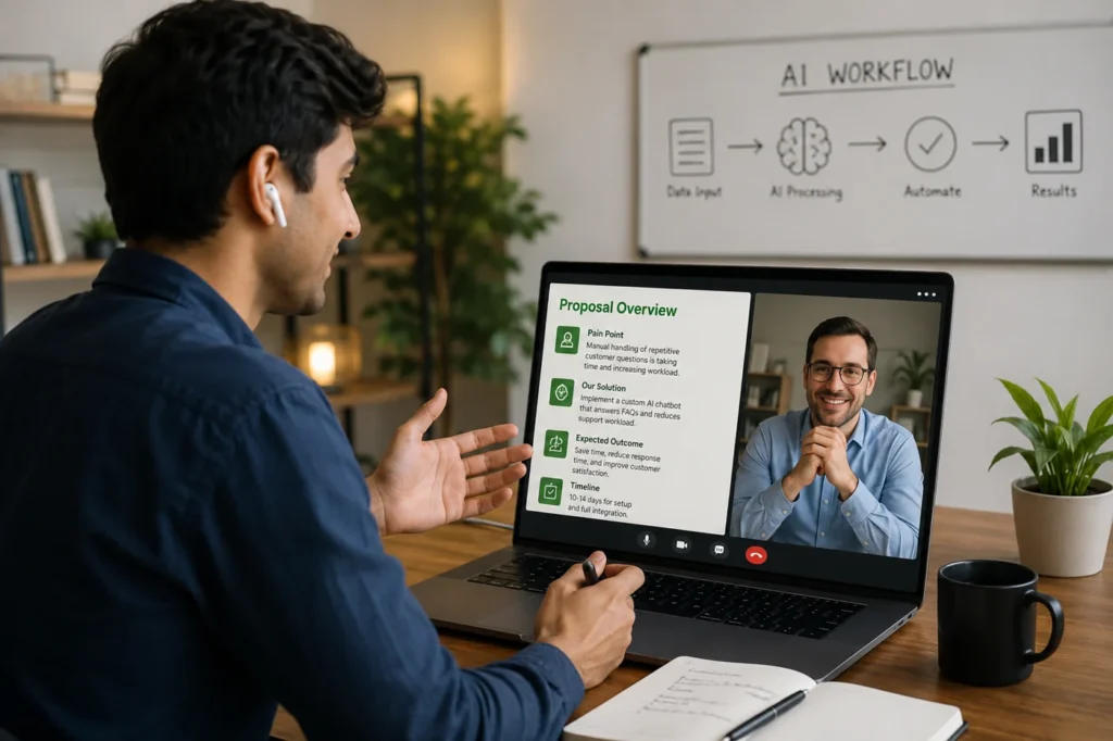 Beginner AI freelancer presenting a proposal to a small business client during a Zoom call in 2026