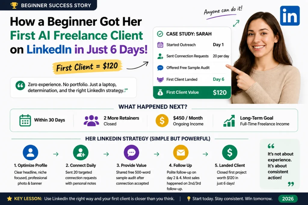 Beginner freelancer celebrating first $120 AI client won on LinkedIn in just 6 days 2026