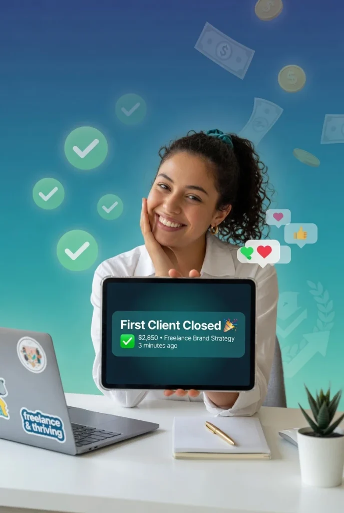 How to close your first AI freelance client in 2026 - beginner freelancer presenting proposal on video call