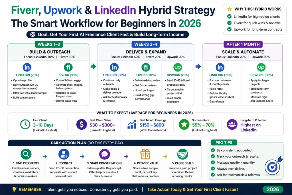 Fiverr vs Upwork vs LinkedIn hybrid strategy workflow for beginners to get first AI freelance client in 2026