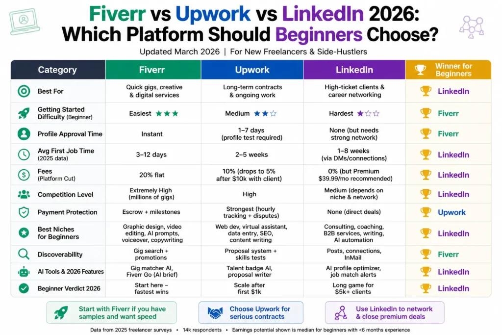 Fiverr vs Upwork vs LinkedIn 2026 comparison table showing speed, price, competition and winner for beginners getting first AI freelance client