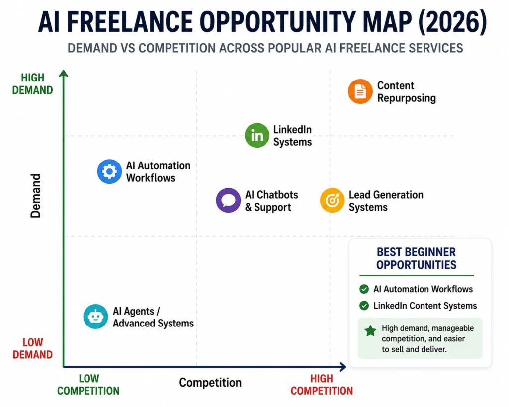AI freelance opportunity map showing demand versus competition across popular AI freelance services in 2026