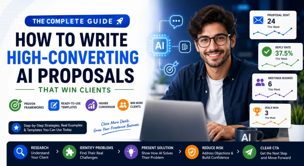AI freelance proposal templates 2026 guide showing high-converting proposal frameworks, client acquisition strategies, and proposal tracking metrics.