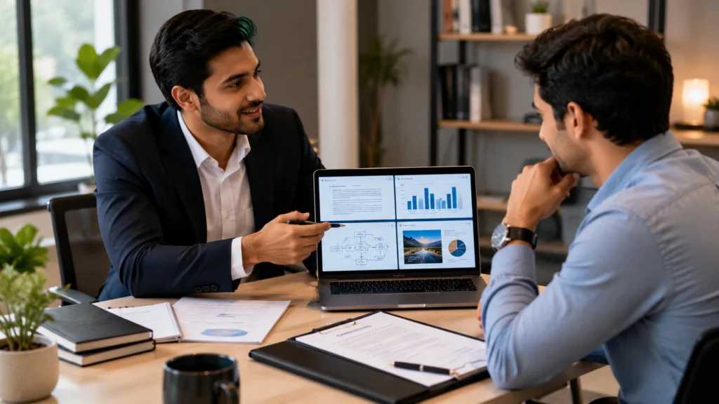 AI freelancer presenting completed client work and business results during a client meeting